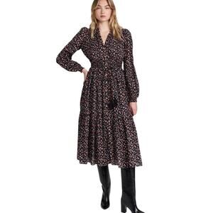 by TiMo Spring Midi Dress XS Floral Black Long Sleeves Cotton Tiered V Neck $388